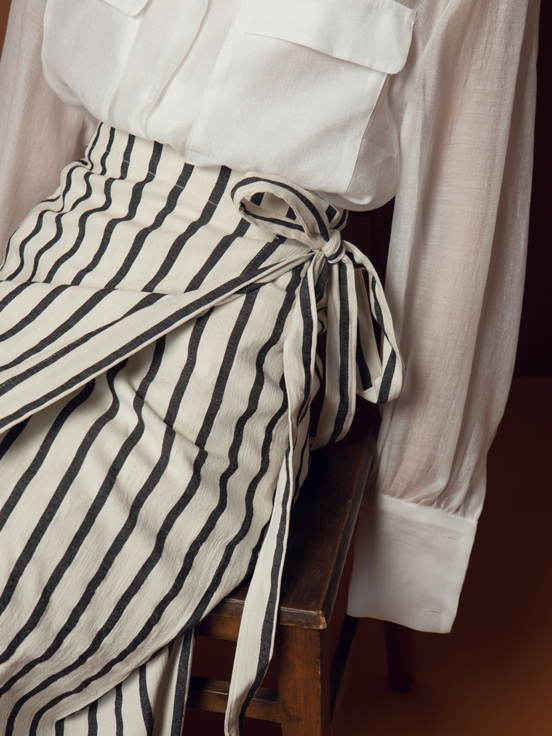 直条纹弧线麻质一片裙